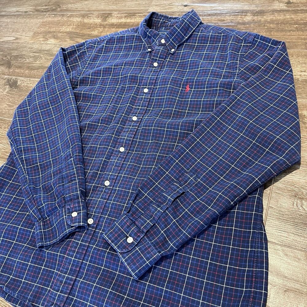 Ralph Lauren Shirt Mens XL Blue Black Plaid Button Up Long Sleeve Red Pony